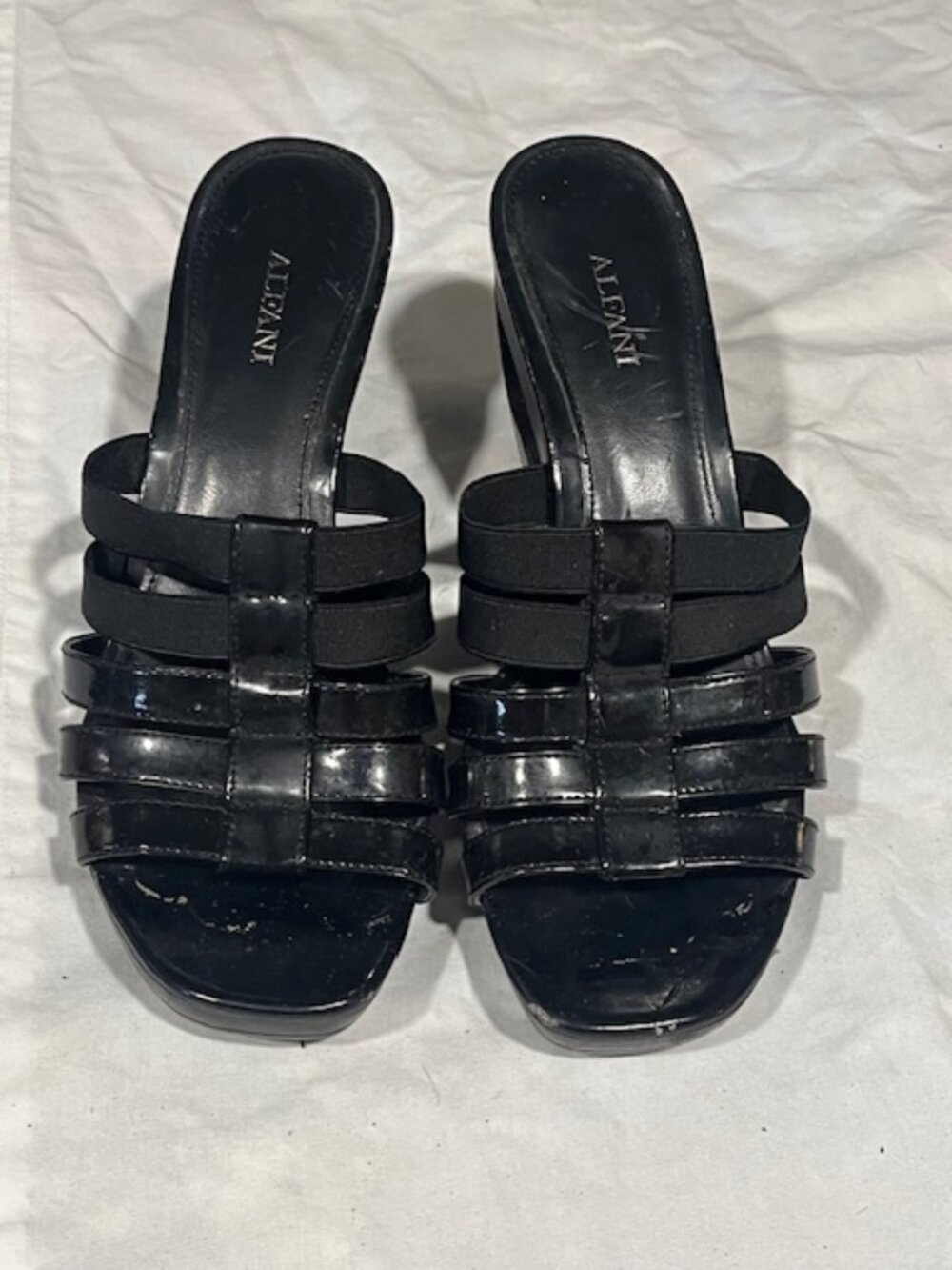 Pair Alfani Black Patent Leather Elastic Multi-Strap Wedge Sandals Slip On  7M